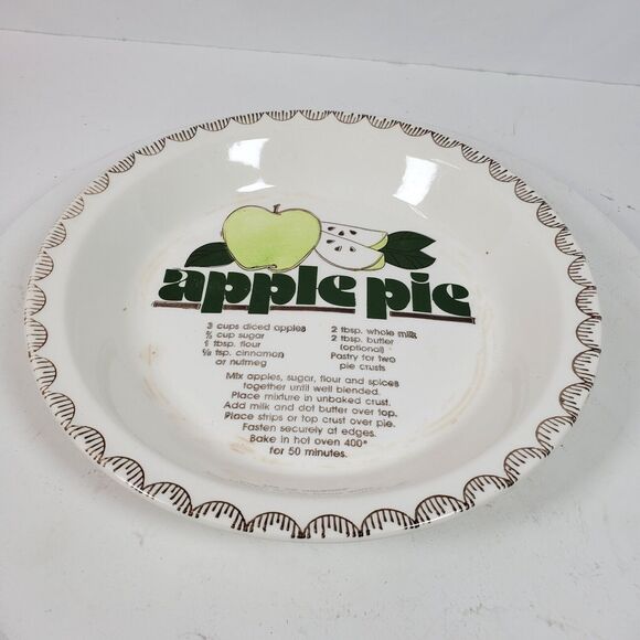 Vintage Apple Pie Dish Plate Ceramic w/ Recipe 9 Inch Pie 10 Inch Round - Picture 2 of 4